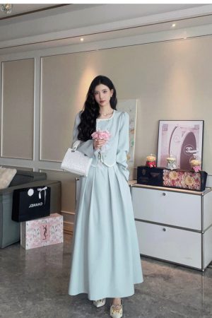 Elegant A-Line High Waist Skirt and French Long Sleeve Coat Two-Piece Set for Women - Casual 90s Inspired Fashion
