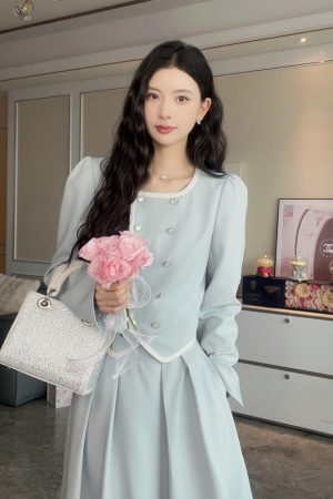 Elegant A-Line High Waist Skirt and French Long Sleeve Coat Two-Piece Set for Women - Casual 90s Inspired Fashion