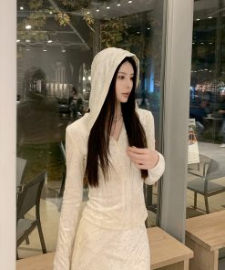 Elegant Apricot Velvet Embroidered Hooded Shirt for Women - High-End Fitted Top, Perfect for 90s and Y2K Style Fashion