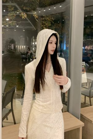 Elegant Apricot Velvet Embroidered Hooded Shirt for Women - High-End Fitted Top, Perfect for 90s and Y2K Style Fashion