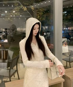 Elegant Apricot Velvet Embroidered Hooded Shirt for Women - High-End Fitted Top, Perfect for 90s and Y2K Style Fashion