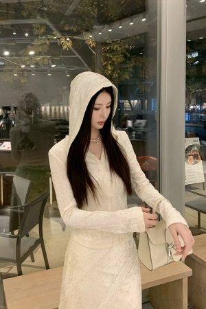 Elegant Apricot Velvet Embroidered Hooded Shirt for Women - High-End Fitted Top, Perfect for 90s and Y2K Style Fashion