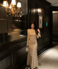 Elegant Apricot Water Wave Pattern Embroidered Shirt for Women, Slim Fit, Flare Sleeve Top - Perfect for Winter Fashion