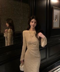 Elegant Apricot Water Wave Pattern Embroidered Shirt for Women, Slim Fit, Flare Sleeve Top - Perfect for Winter Fashion