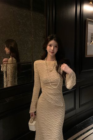 Elegant Apricot Water Wave Pattern Embroidered Shirt for Women, Slim Fit, Flare Sleeve Top - Perfect for Winter Fashion