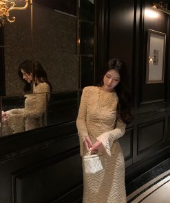 Elegant Apricot Water Wave Pattern Embroidered Shirt for Women, Slim Fit, Flare Sleeve Top - Perfect for Winter Fashion