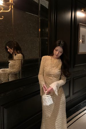 Elegant Apricot Water Wave Pattern Embroidered Shirt for Women, Slim Fit, Flare Sleeve Top - Perfect for Winter Fashion