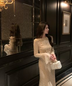 Elegant Apricot Water Wave Pattern Embroidered Shirt for Women, Slim Fit, Flare Sleeve Top - Perfect for Winter Fashion