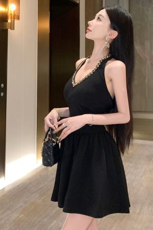 Elegant Backless Little Black Dress for Women - French Style Sexy Evening Dress with Puff Skirt for Birthdays and Parties
