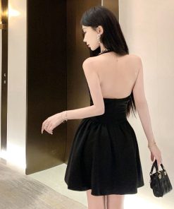 Elegant Backless Little Black Dress for Women - French Style Sexy Evening Dress with Puff Skirt for Birthdays and Parties