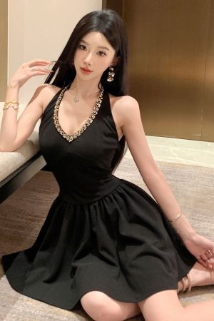 Elegant Backless Little Black Dress for Women - French Style Sexy Evening Dress with Puff Skirt for Birthdays and Parties