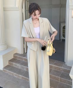 Elegant Beige Short-Sleeve Suit and Wide-Leg Pants Set - Summer Age-Reducing Outfit in High-End Old Money Style