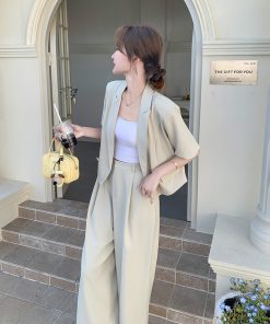 Elegant Beige Short-Sleeve Suit and Wide-Leg Pants Set - Summer Age-Reducing Outfit in High-End Old Money Style