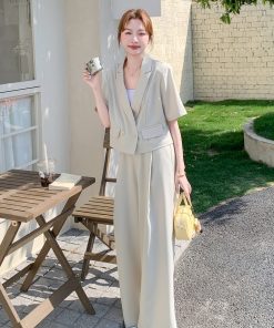 Elegant Beige Short-Sleeve Suit and Wide-Leg Pants Set - Summer Age-Reducing Outfit in High-End Old Money Style
