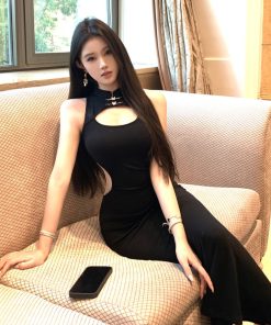 Elegant Black Cheongsam Evening Dress with Hollow Cutout, Long Skirt, High-End Chinese Style for Women, Perfect for Banquets and Special Occasions