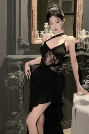 Elegant Black Hepburn-Style Evening Dress for Women, High Slit Spaghetti Strap Design, Perfect for Banquets and Social Events
