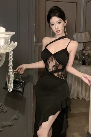 Elegant Black Hepburn-Style Evening Dress for Women, High Slit Spaghetti Strap Design, Perfect for Banquets and Social Events