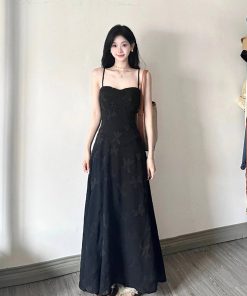 Elegant Black Jacquard Strap Dress for Women - French Style Waist-Cinching Tie-Up Long Dress for Summer Vacation