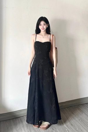 Elegant Black Jacquard Strap Dress for Women - French Style Waist-Cinching Tie-Up Long Dress for Summer Vacation