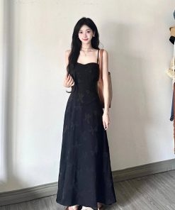 Elegant Black Jacquard Strap Dress for Women - French Style Waist-Cinching Tie-Up Long Dress for Summer Vacation