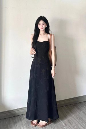 Elegant Black Jacquard Strap Dress for Women - French Style Waist-Cinching Tie-Up Long Dress for Summer Vacation
