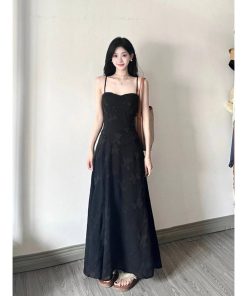 Elegant Black Jacquard Strap Dress for Women - French Style Waist-Cinching Tie-Up Long Dress for Summer Vacation