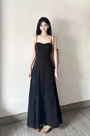Elegant Black Jacquard Strap Dress for Women - French Style Waist-Cinching Tie-Up Long Dress for Summer Vacation