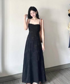 Elegant Black Jacquard Strap Dress for Women - French Style Waist-Cinching Tie-Up Long Dress for Summer Vacation