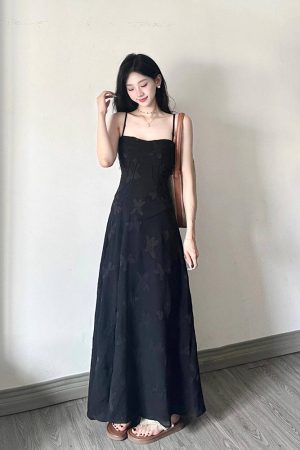 Elegant Black Jacquard Strap Dress for Women - French Style Waist-Cinching Tie-Up Long Dress for Summer Vacation