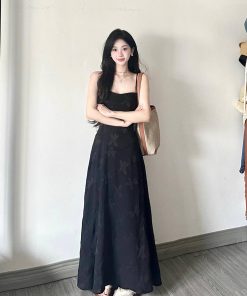 Elegant Black Jacquard Strap Dress for Women - French Style Waist-Cinching Tie-Up Long Dress for Summer Vacation