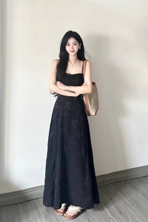 Elegant Black Jacquard Strap Dress for Women - French Style Waist-Cinching Tie-Up Long Dress for Summer Vacation