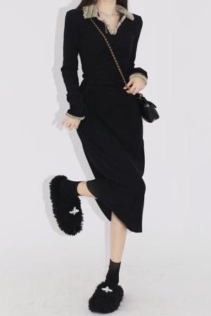 Elegant Black Knitted Dress for Women, Waist-Cinching Base Layer, Long Skirt, Autumn 2025 Niche Style