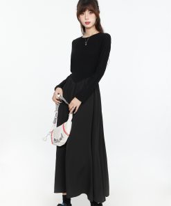 Elegant Black Long Sleeve Dress for Women, French Style, Slimming Long Skirt, Waist-Cinching Design, Perfect for Spring & Autumn 2025