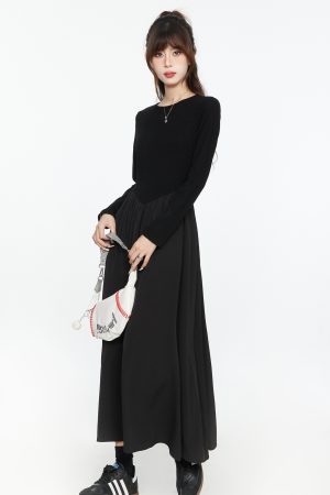 Elegant Black Long Sleeve Dress for Women, French Style, Slimming Long Skirt, Waist-Cinching Design, Perfect for Spring & Autumn 2025