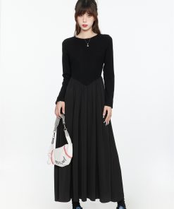 Elegant Black Long Sleeve Dress for Women, French Style, Slimming Long Skirt, Waist-Cinching Design, Perfect for Spring & Autumn 2025
