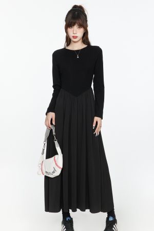 Elegant Black Long Sleeve Dress for Women, French Style, Slimming Long Skirt, Waist-Cinching Design, Perfect for Spring & Autumn 2025