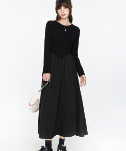 Elegant Black Long Sleeve Dress for Women, French Style, Slimming Long Skirt, Waist-Cinching Design, Perfect for Spring & Autumn 2025