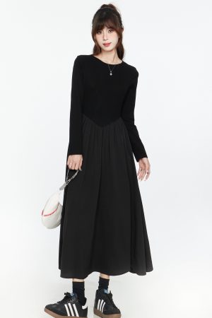 Elegant Black Long Sleeve Dress for Women, French Style, Slimming Long Skirt, Waist-Cinching Design, Perfect for Spring & Autumn 2025