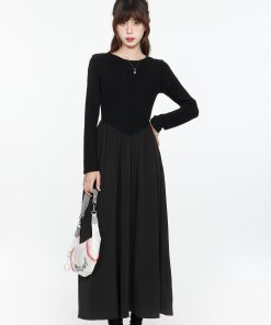 Elegant Black Long Sleeve Dress for Women, French Style, Slimming Long Skirt, Waist-Cinching Design, Perfect for Spring & Autumn 2025