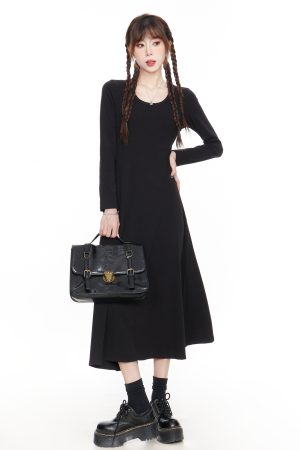 Elegant Black Long Sleeve Dress for Women, Slim Fit A-Line Maxi Dress, 2025 Spring Fashion, Timeless Little Black Dress