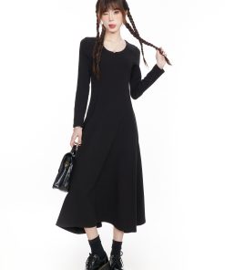 Elegant Black Long Sleeve Dress for Women, Slim Fit A-Line Maxi Dress, 2025 Spring Fashion, Timeless Little Black Dress