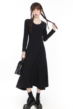 Elegant Black Long Sleeve Dress for Women, Slim Fit A-Line Maxi Dress, 2025 Spring Fashion, Timeless Little Black Dress