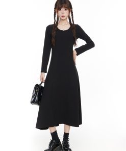 Elegant Black Long Sleeve Dress for Women, Slim Fit A-Line Maxi Dress, 2025 Spring Fashion, Timeless Little Black Dress