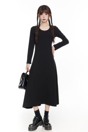 Elegant Black Long Sleeve Dress for Women, Slim Fit A-Line Maxi Dress, 2025 Spring Fashion, Timeless Little Black Dress