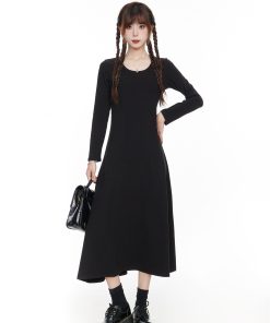 Elegant Black Long Sleeve Dress for Women, Slim Fit A-Line Maxi Dress, 2025 Spring Fashion, Timeless Little Black Dress