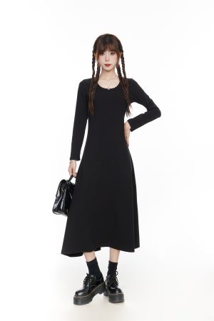 Elegant Black Long Sleeve Dress for Women, Slim Fit A-Line Maxi Dress, 2025 Spring Fashion, Timeless Little Black Dress