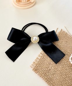 Elegant Black Satin Ribbon Bow Hair Tie with Pearl Accent - Vintage French-Inspired Headwear for High-End Fashion and Timeless Style