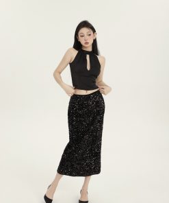 Elegant Black Sequin Bodycon Mid-Length Skirt for Women - Slim Fit Spring Summer Style