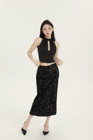 Elegant Black Sequin Bodycon Mid-Length Skirt for Women - Slim Fit Spring Summer Style