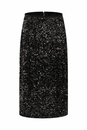 Elegant Black Sequin Bodycon Mid-Length Skirt for Women - Slim Fit Spring Summer Style